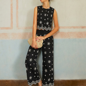 Embroidered Floral Cotton Top & Pants Set