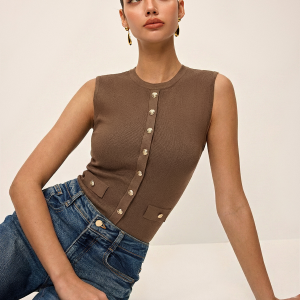 Metal Button Crew-Neck Sleeveless Knit Vest