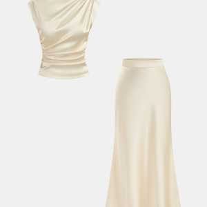 Satin Ruched Top & Midi Skirt Set