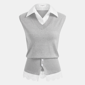 2 in 1 Collared Lace Hem Knit Vest