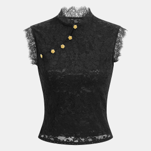 Floral Button Mandarin Collar Lace Top