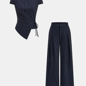 Pinstripe Wrap Tie Top & Pants Set