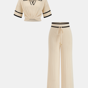 Contrast Trim Polo Top & Drawstring Pant Set