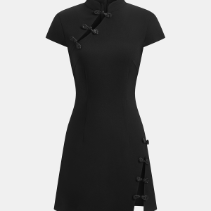 Mandarin Collar Frog Button Mini Dress