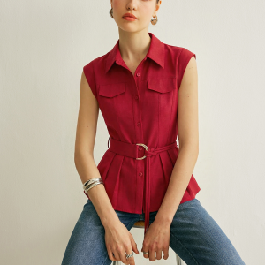 Sleeveless Collared Pleated Hem Belted Blouse