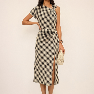 Plaid Asymmetric Slit Maxi Dress