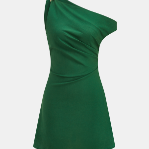 One Shoulder Ruched Linen Blend Mini Dress