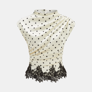 Polka Dot Ruched Lace Hem Sleeveless Blouse
