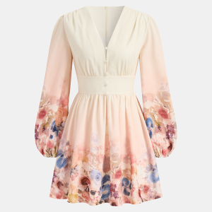 Floral Print V-Neck Long Sleeve Mini Dress