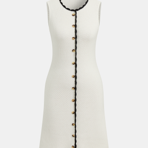 Contrast Trim Button-Front Sleeveless Knit Dress