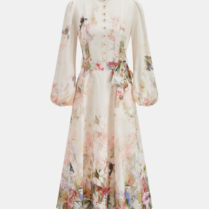 Floral Print Belted Puffed Sleeve Maxi Dress