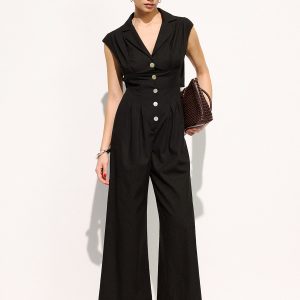 Linen Blend Sleeveless Lapel Wide Leg Jumpsuit