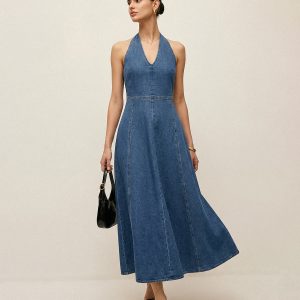 Halter Backless Denim Midi Dress