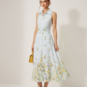 Floral Striped Sleeveless Belted Midi Dress