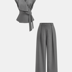 Wrap Front Fitted Top & Pleated Pants Set