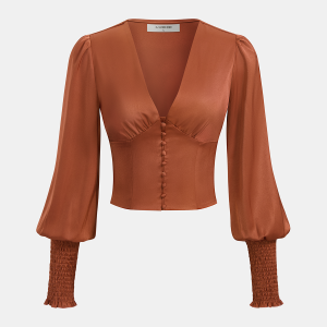 Smocked Satin V-Neck Puff Sleeve Blouse