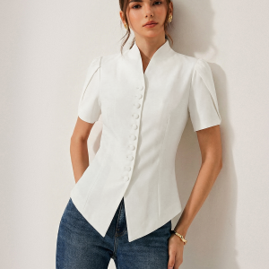 Short Sleeve Stand Collar Buttoned Slim Blouse