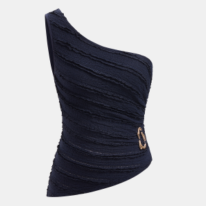 Metal Buckle One-Shoulder Textured Knit Top