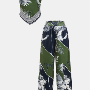 Leaf Print Strapless Top & Pants Set