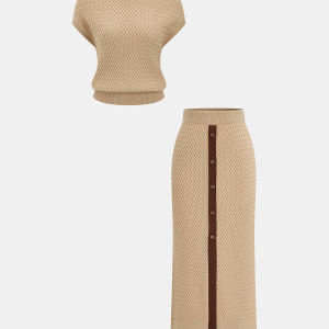 Wool Blend Textured Knit Top & Midi Skirt Set
