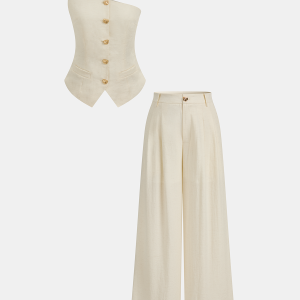 One Shoulder Metal Button Vest & Pants Set