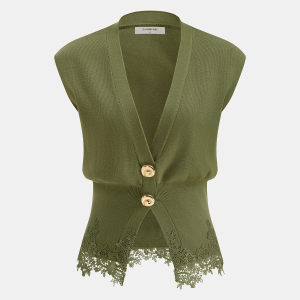Lace Trim Metal Button V-Neck Knit Vest
