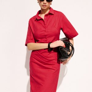 Cotton Pleated Shirt Midi Dress