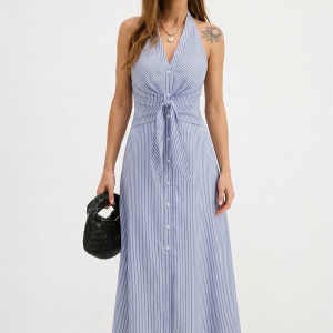 Cotton Striped Halter Tie-Waist Maxi Dress