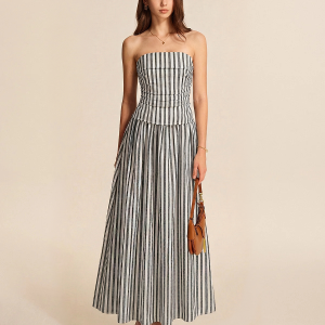 Striped Strapless Cotton Linen Ruched Dress
