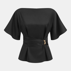 Metal Buckle Boat Neck Cinched Waist Blouse