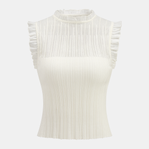 Ruffled Wool Blend Sheer Ribbed Knit Top