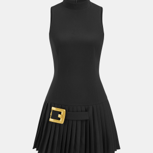 Sleeveless Mock Neck Buckle Pleated Dress