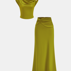 Draped Crop Top & Ruched Maxi Skirt Set