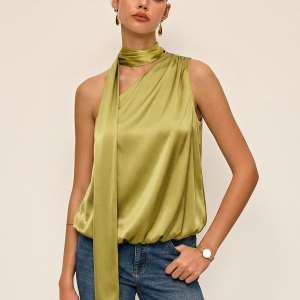 Tie-Neck One-Shoulder Satin Top