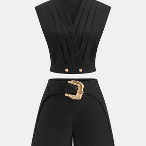 Linen-Blend Pleated Top & Buckle Shorts Set