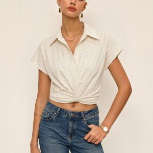 Striped Cap Sleeve Tie Waist Blouse