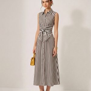 Sleeveless Striped Tie Waist Maxi Dress