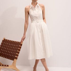 Cotton Embroidered Belted Halter Maxi Dress