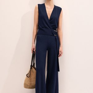 Wrap V-Neck Knit Top & Pants Set