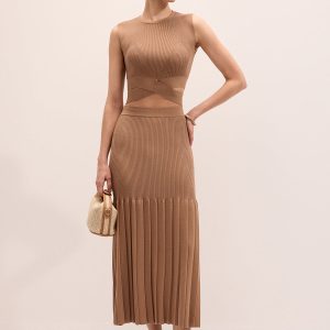 Cut-Out Knit Top & Pleated Midi Skirt Set