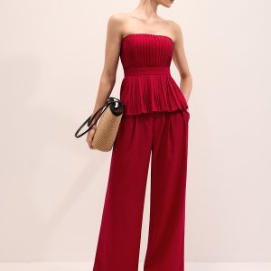 Strapless Pleated Linen Blend Top & Pants Set