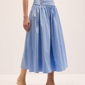 Cotton Blend Ruched Waist Midi Skirt