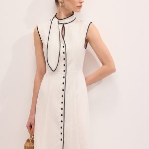 Linen Blend Contrast Piping Tie Neck Maxi Dress