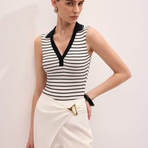 Striped Collared Sleeveless Knit Top