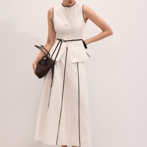 Cotton Linen Contrast Piping Top & Maxi Skirt Set
