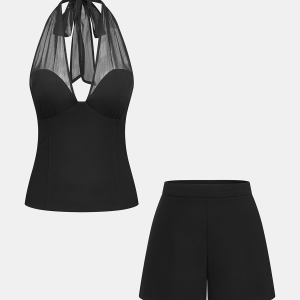 Sheer Halter Neck Top & Shorts Set
