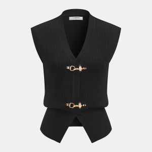 Metal Buckle Sleeveless Knit Cardigan