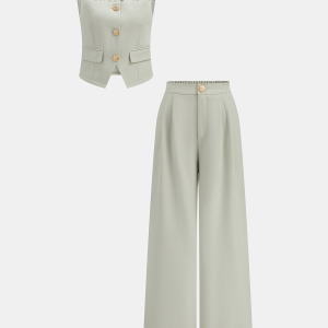 Lace Spliced Vest & Wide Leg Pants Set