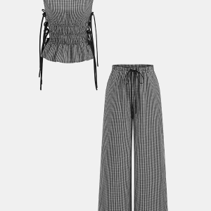 Gingham Lace-Up Sleeveless Top & Pants Set