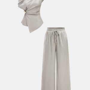 Satin One-Shoulder Top & Drawstring Pants Set